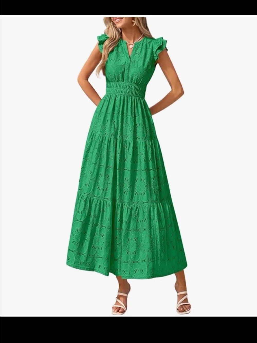 NWT PRETTYGARDEN Boho Maxi Dress Floral Lace Eyelet V-Neck In Green Size Large - Picture 1 of 12